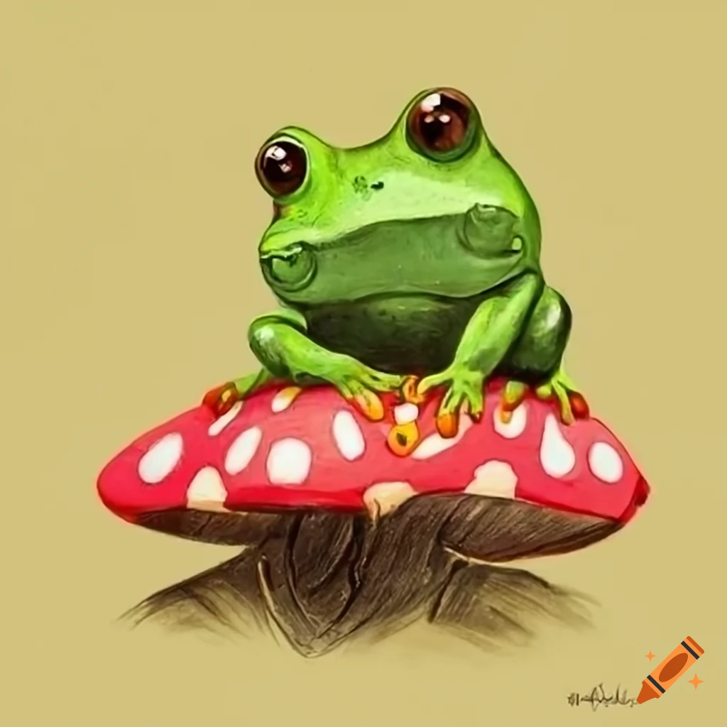 Cute frog sitting with mushroom on Craiyon