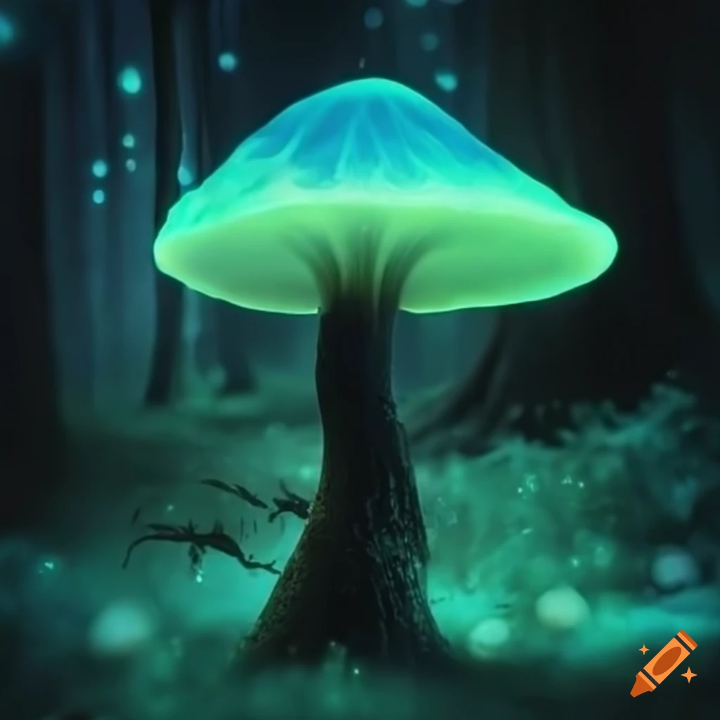 Glowing mushrooms in a dark enchanted forest