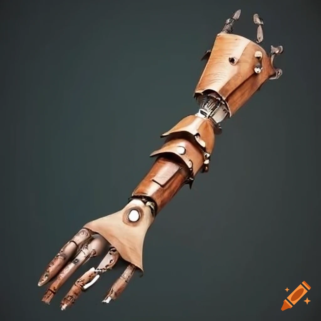 A fantasy wooden and metal prosthetic arm on Craiyon