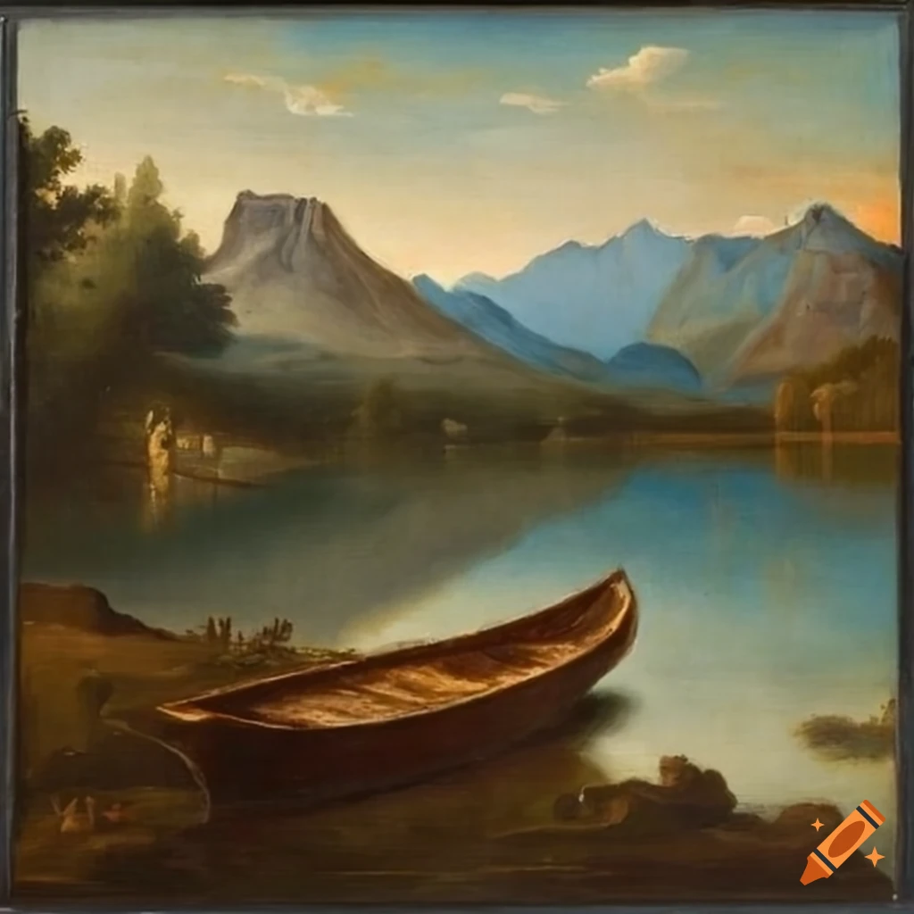 Canoe Renaissance Renaissance painting lake and mountains landscape with boat on the ...