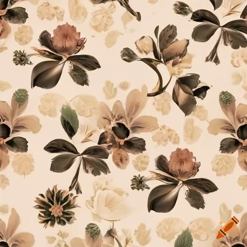 An elegant,clear, perfect floral design allover print in earthy tones with  an off white background. include a variety of flowers on Craiyon