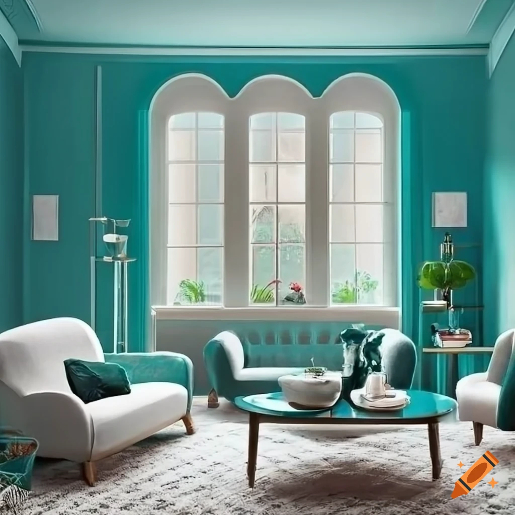 Contemporary Living Room With French Window In Muted Teal White Color Combination And Mood Lighting Hyper Real 4k On Craiyon