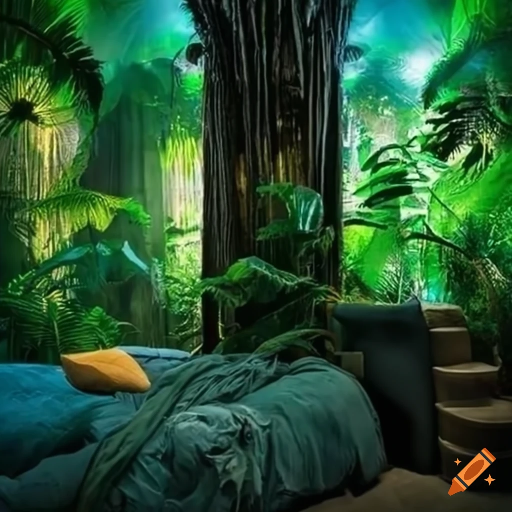 Chambre d'hôtel luxe avec une décoration immersive jungle on Craiyon