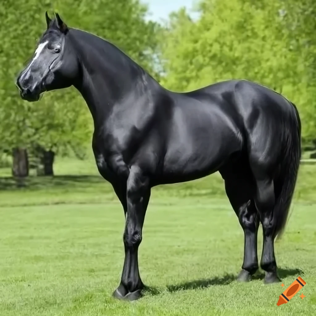 Large muscular stallion, black horse, huge muscles, strong