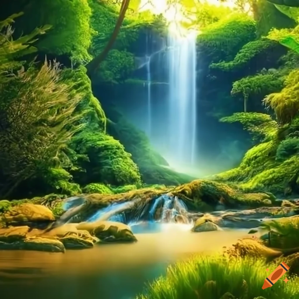Uma cachoeira na floresta com um fundo verde