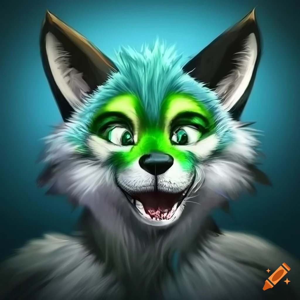 Anthropomorphic wolf, fur is all black, with slim dark green highlights around their paws and