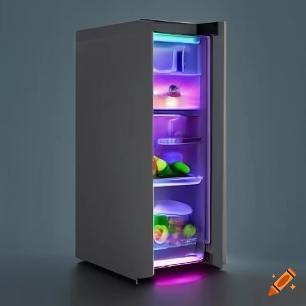 Smart fridge with open door showing compartments labeled with colored ...