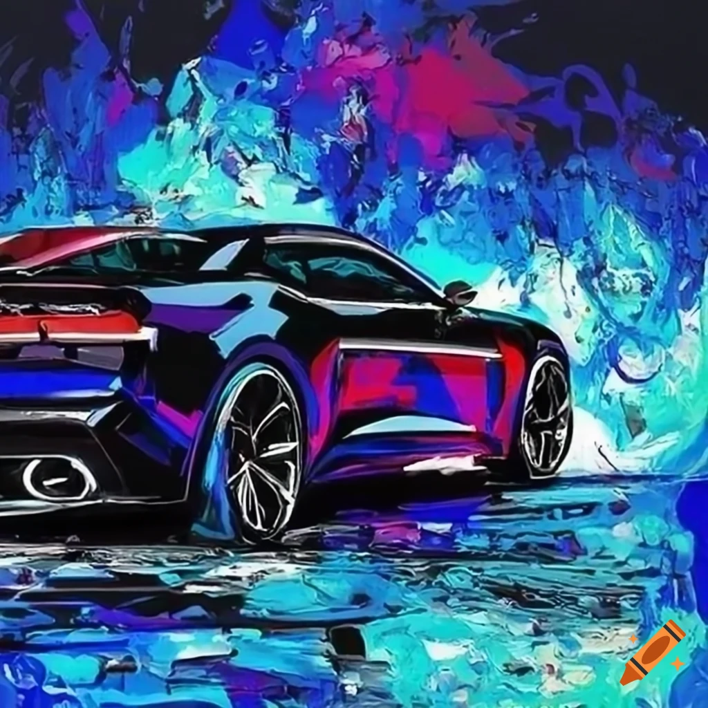 Une voiture camaro noire qui brille, tableau abstrait à la peinture, éclats  de verre, bleu et blanc on Craiyon