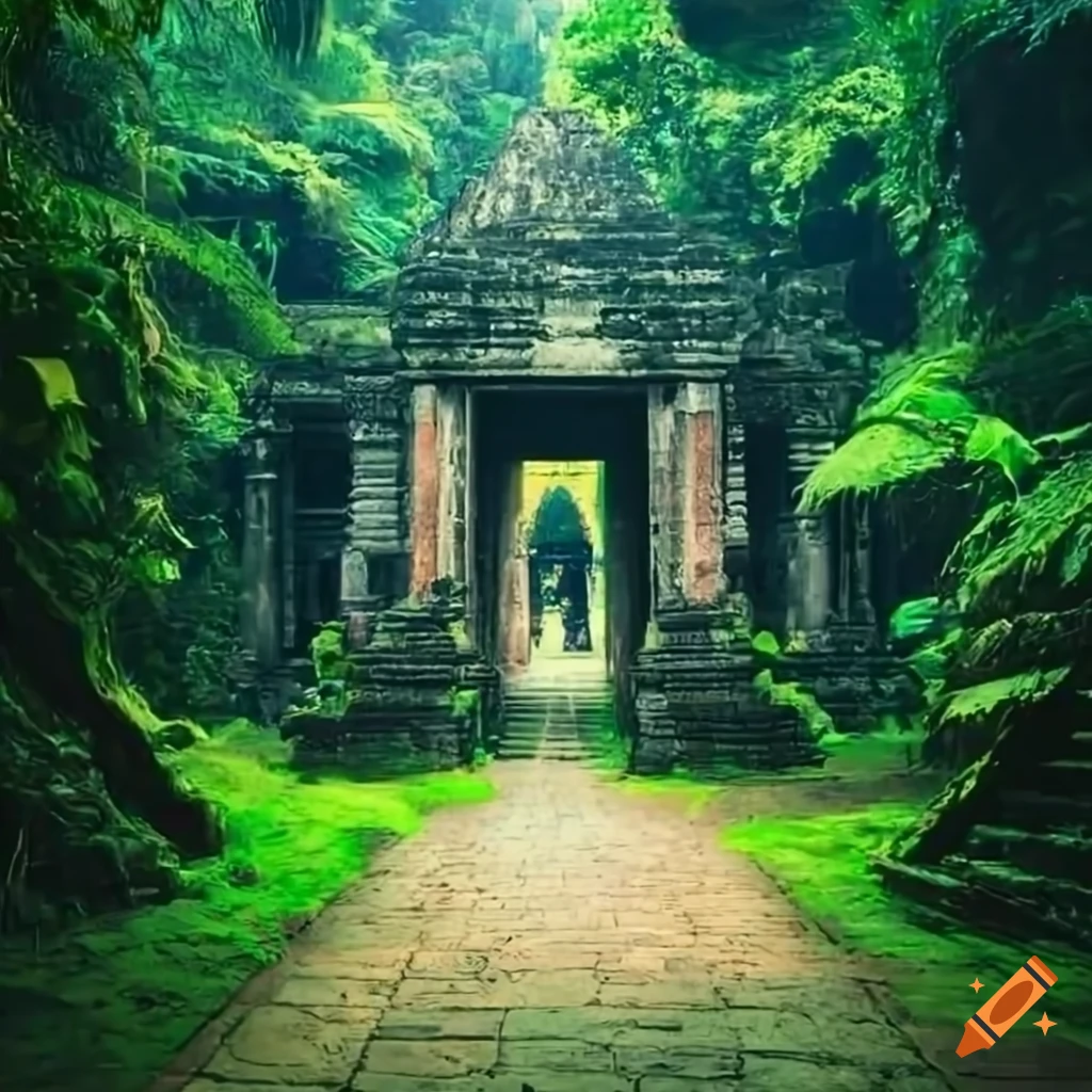The entrance to an ancient temple surrounded by a lush jungle