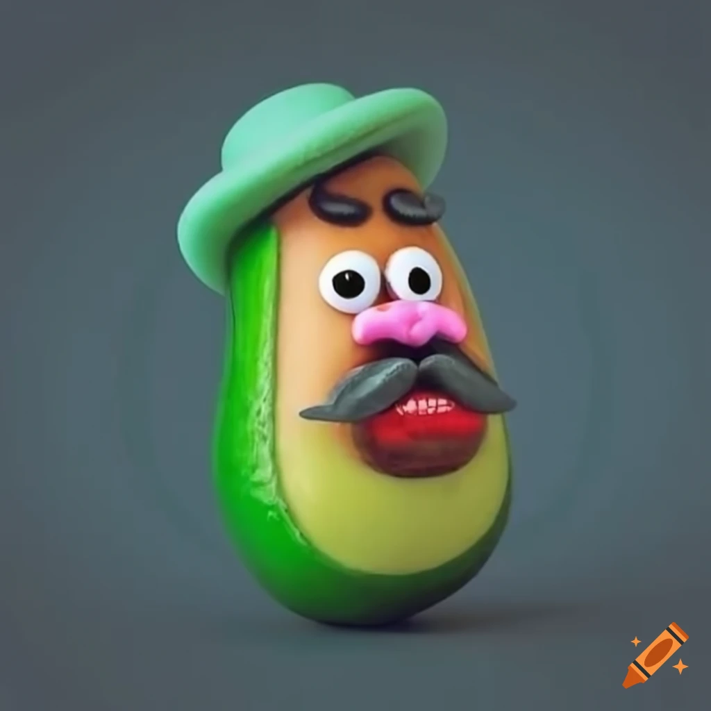 A dark green avocado with eyes, mouth, nose, hat, moustache, ears ...