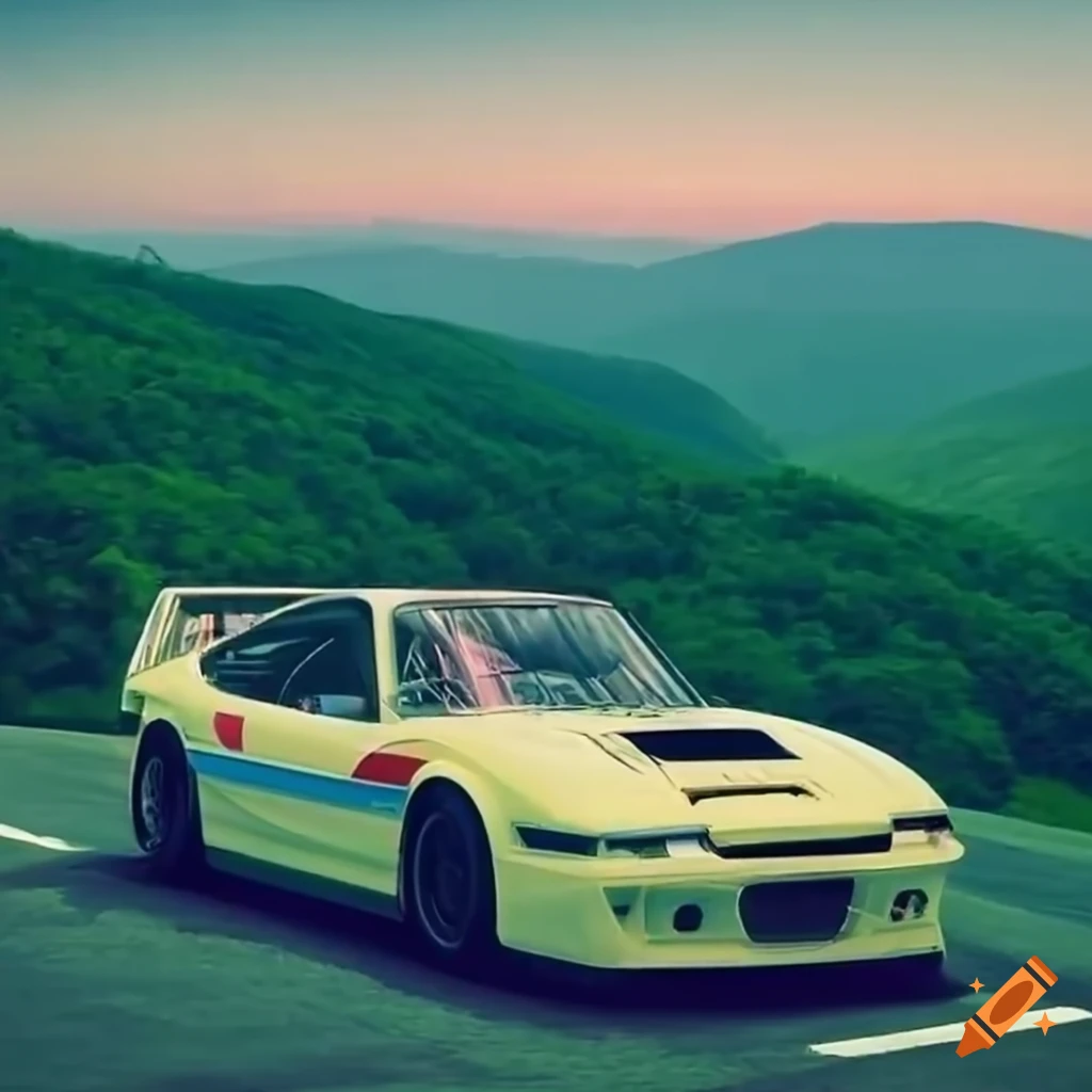 90s style japanese sports car racing on the blue ridge parkway. in a