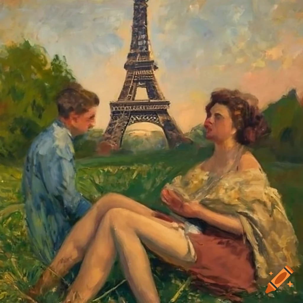 impressionist painting of a man and a woman sitting on a blanket in the grass near the Eiffel Tower