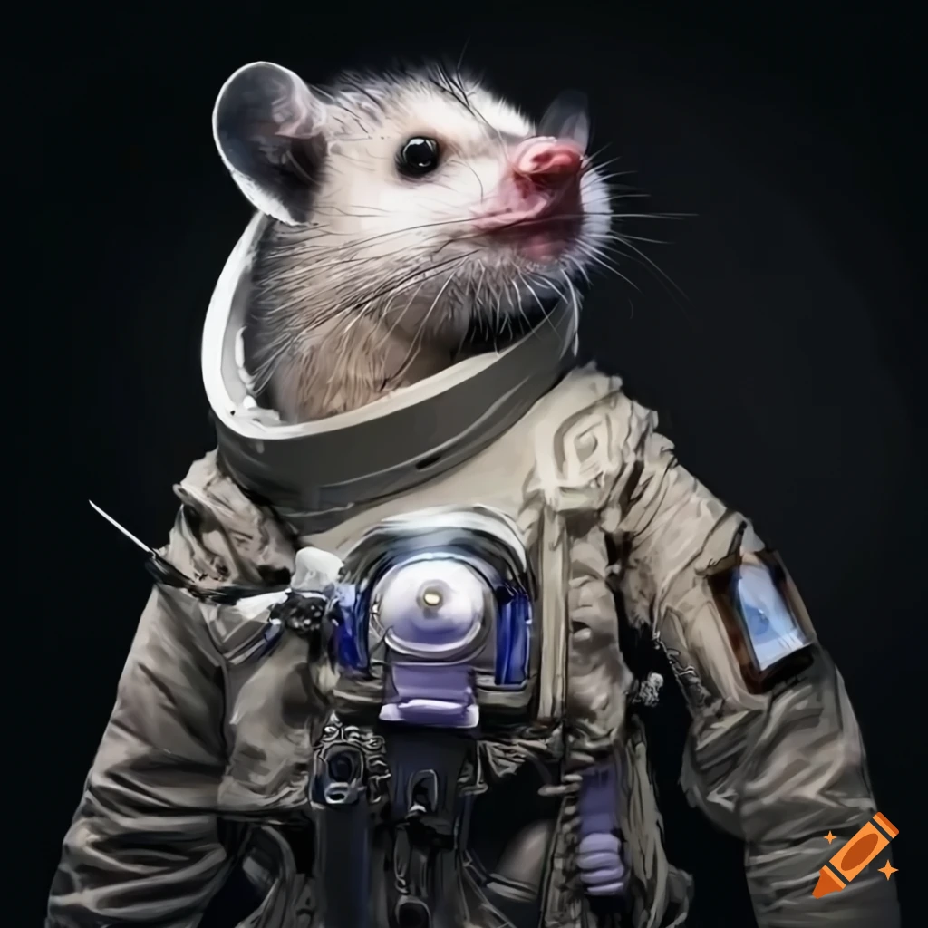 Smiling opossum in a full astronaut suit
