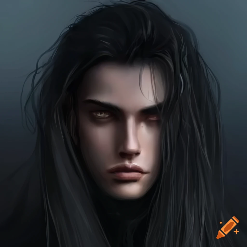 Beautiful young man with stunning very long dark black hair and brown ...