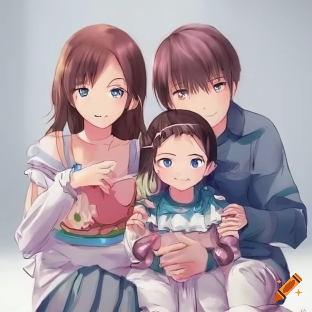 Anime familien foto einer familie mit 2 eltern und einem kleinen mädchen