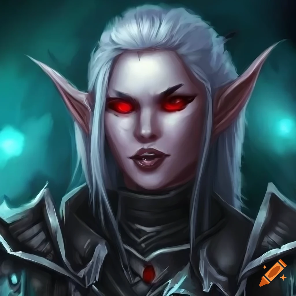 A woman night elf warrior with deep black skin, red eyes and silver hair