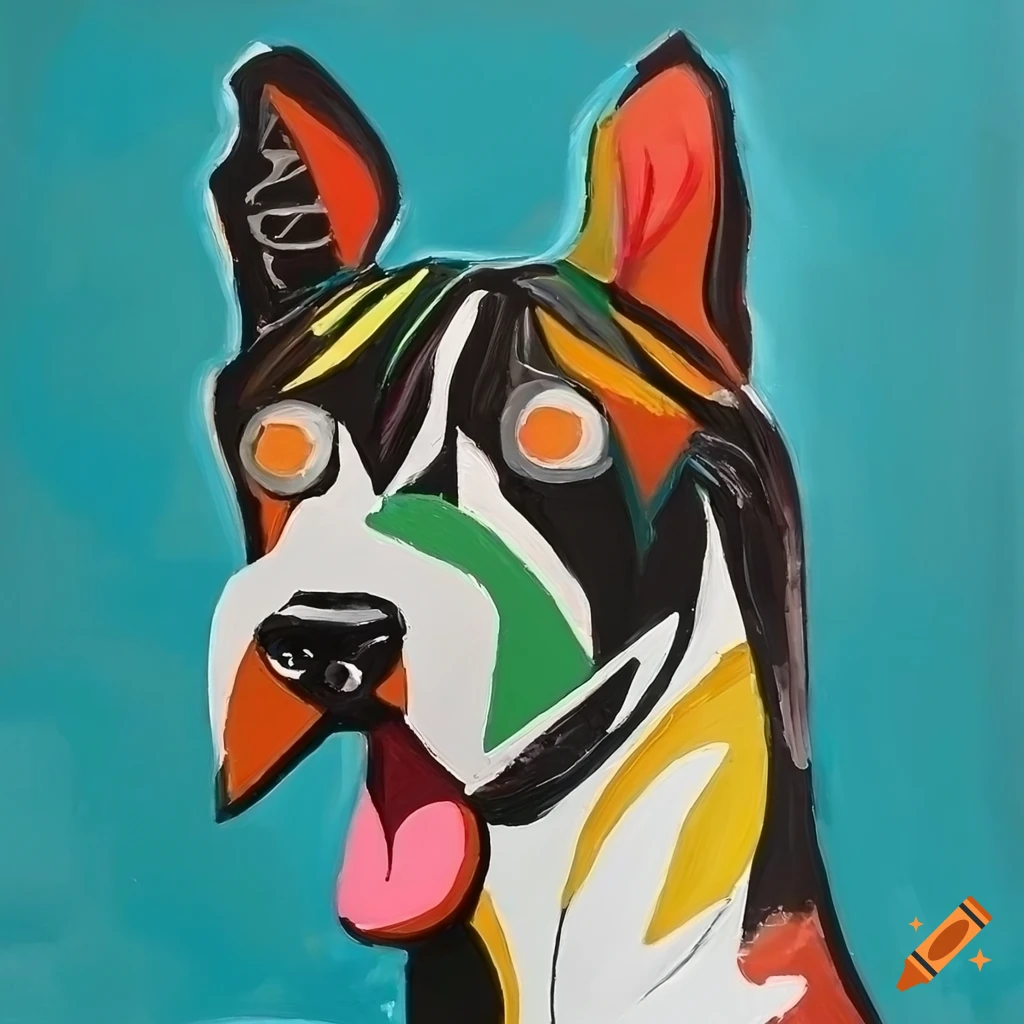 Picasso, dog, acrylic paint, black and white on Craiyon