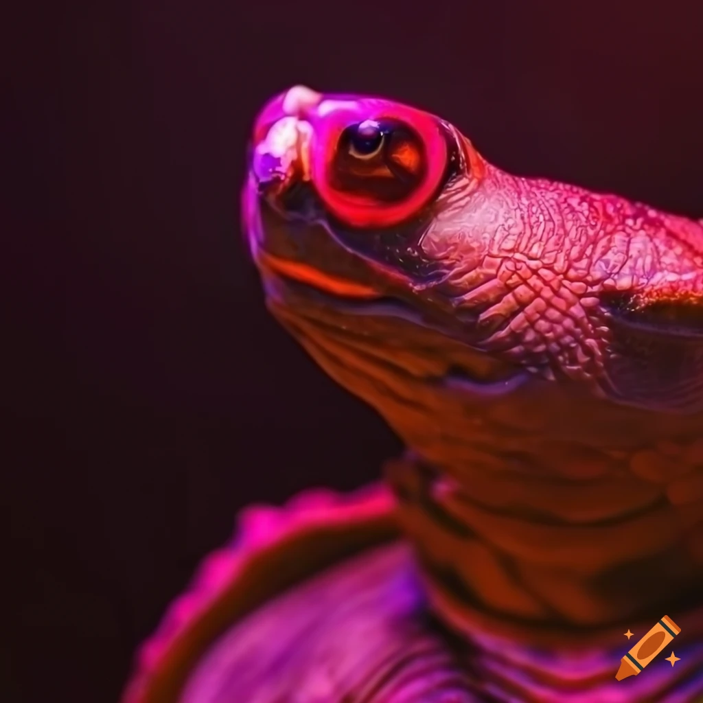 Photograph of black turtle wearing pink glasses, studio lighting