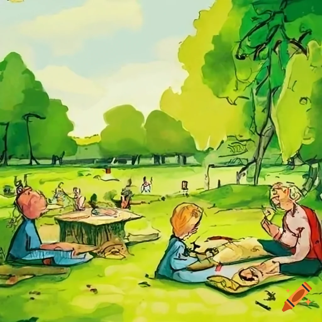 Green park picnic scene drawing roald dahl on Craiyon