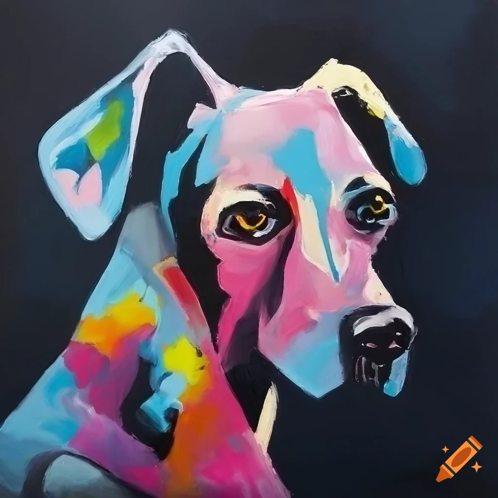 Picasso, dog, acrylic paint, black and white on Craiyon