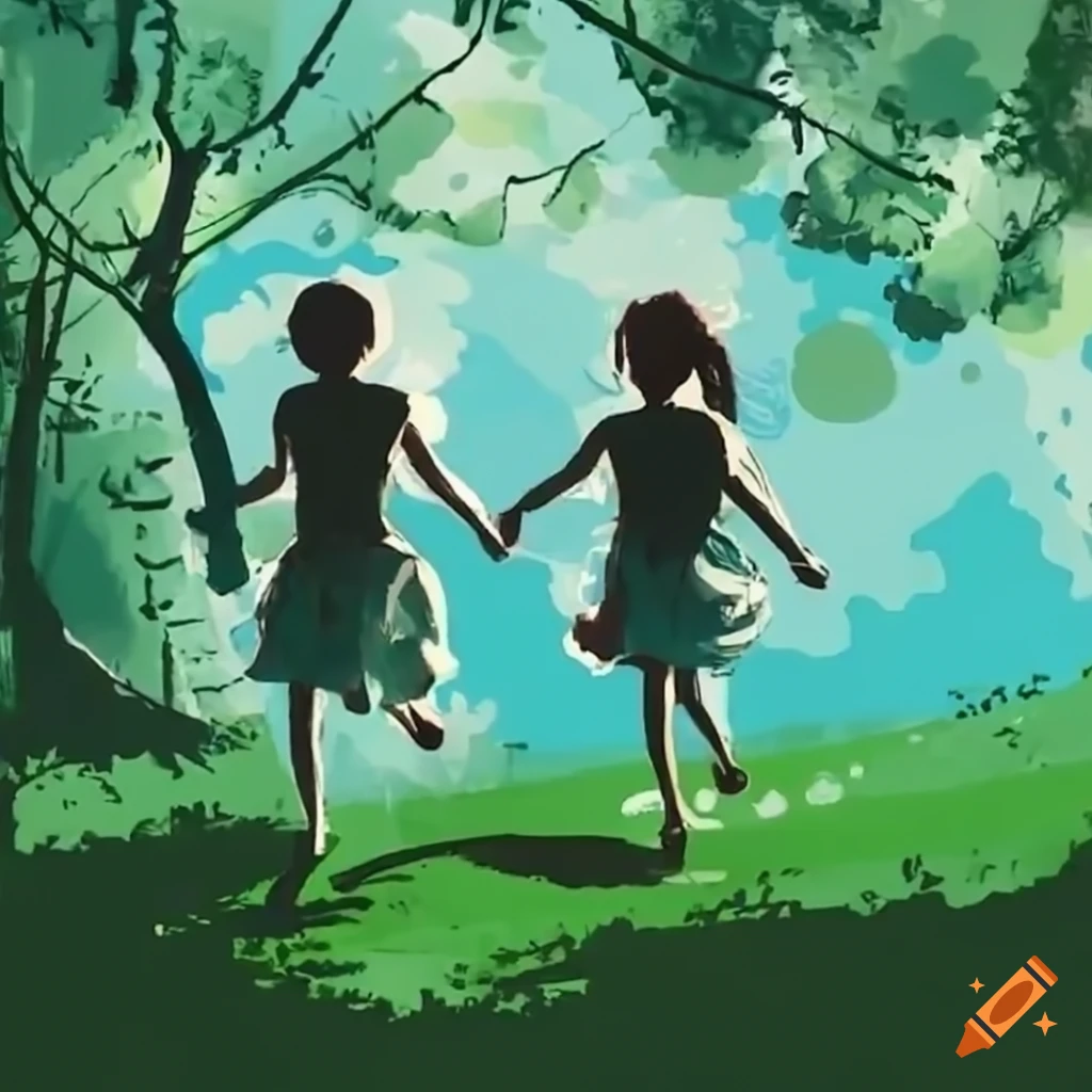 Two sisters running in a green park on a sunny day