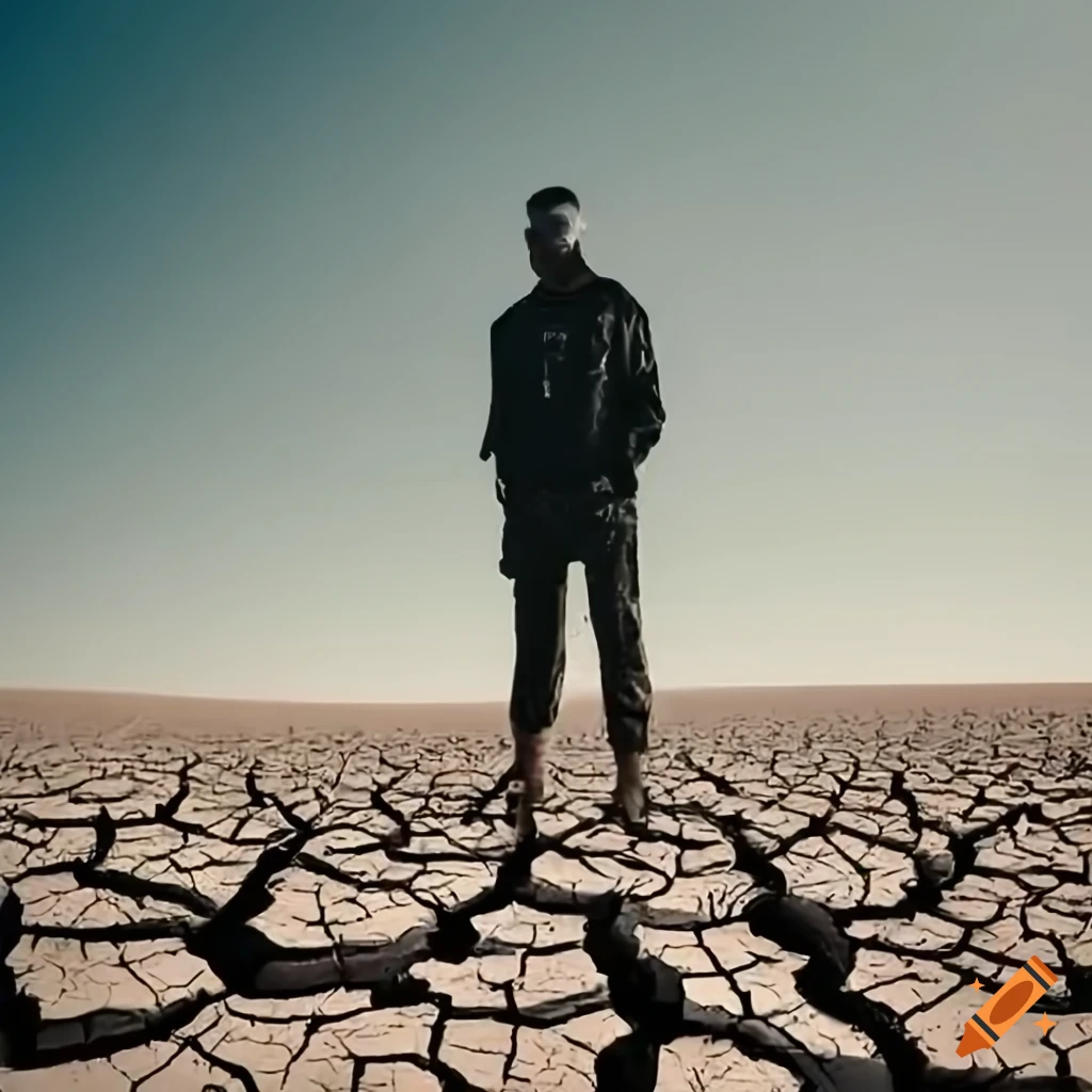 Man wearing all black clothes standing in dry, cracked desert, very far  away shot, realistsic on Craiyon