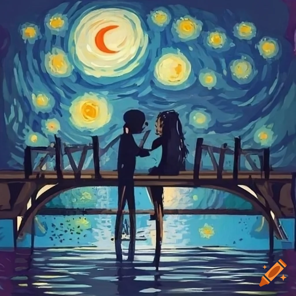 Young couple with a dog on a bridge on a starry night on Craiyon