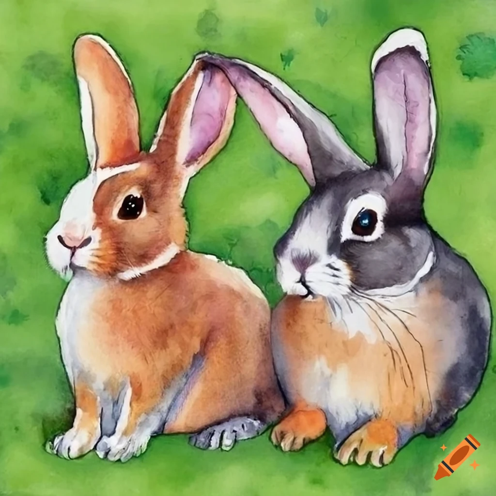 Painted picture of cute realistic four domestic rabbits: black, brown ...
