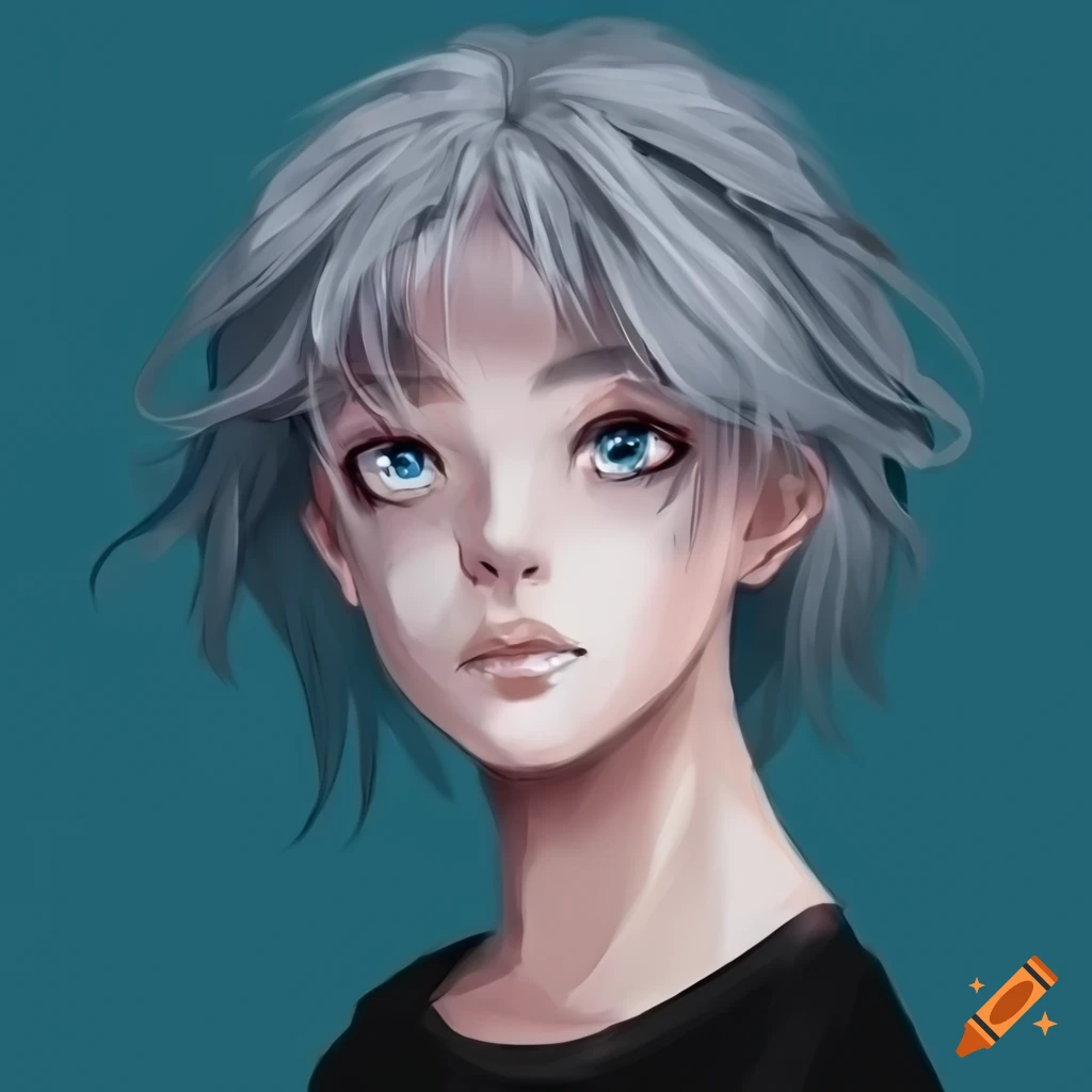 Anime character with grey eyes, light grey hair with green strands in a