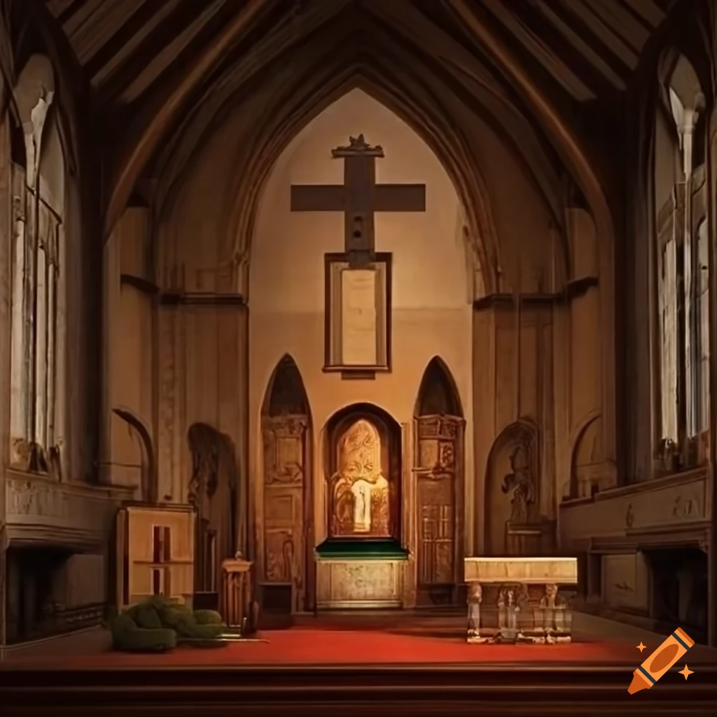 Create a photo of a large church room with a cross and an altar