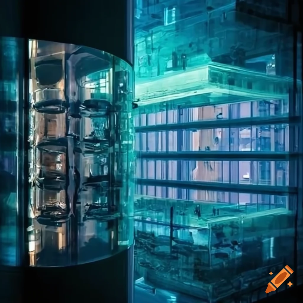 Bioreactor with glass walls integrated into the walls of a large square