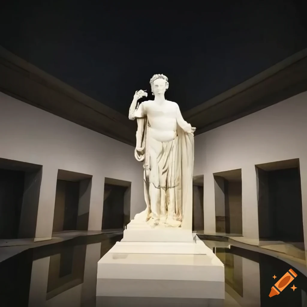 Wide shot of a fullsize marble statue of alexander the great at