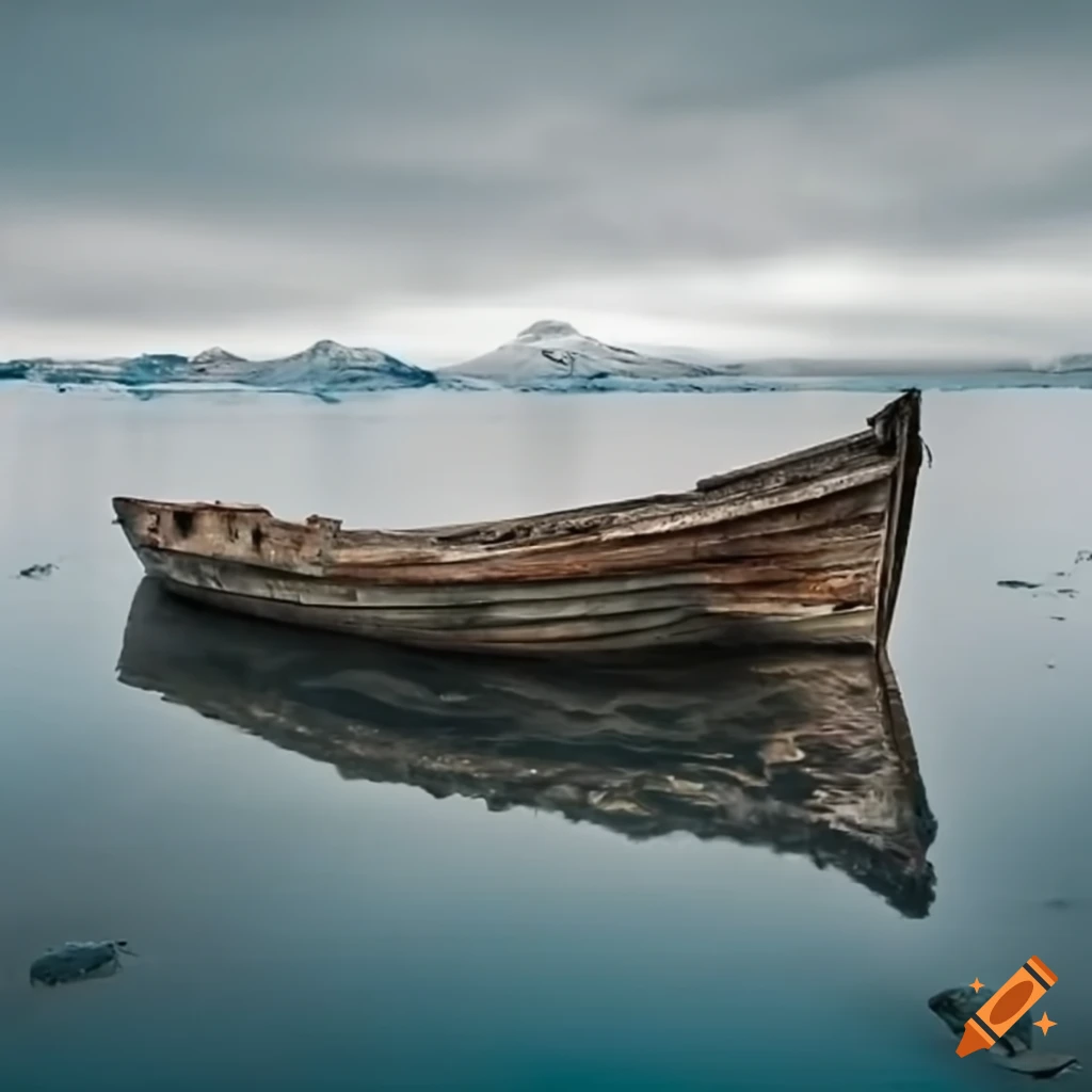 Old wooden boat in arctic waters on Craiyon