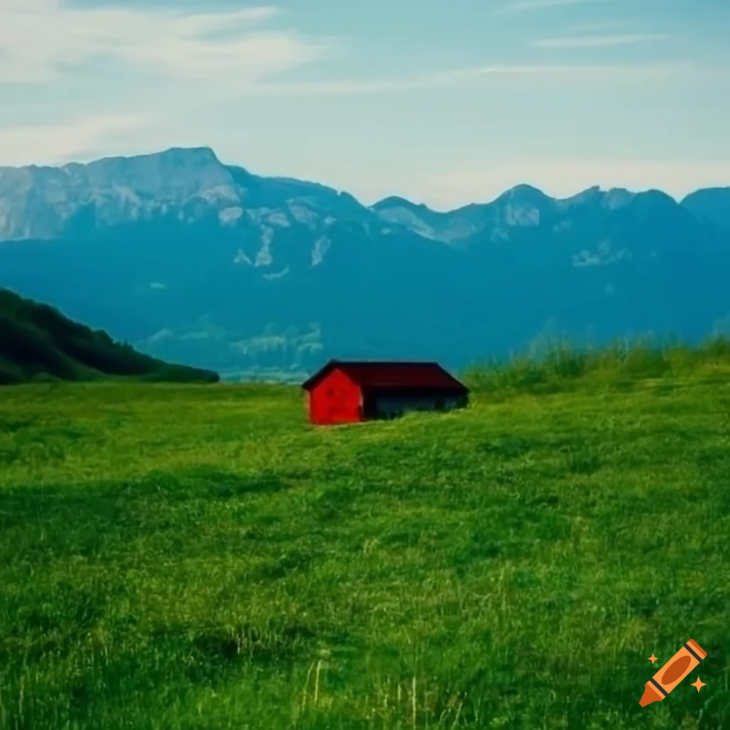 from the distance, a small red house in a field of green grass with mountains in the background