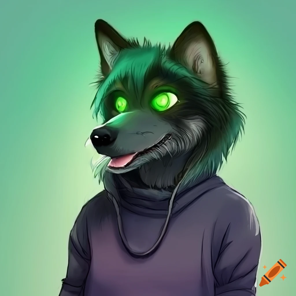 Anthropomorphic dog/wolf. fur is all black, with slim dark green ...