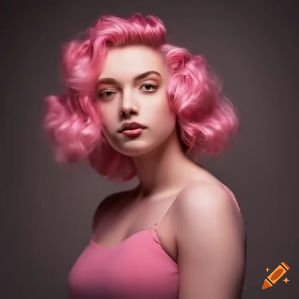 Woman with long pink hair and pink curly buns in her hair tied up in a