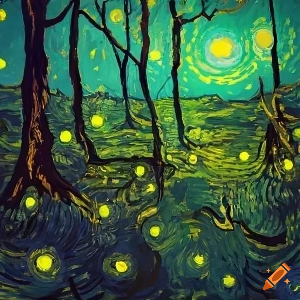 Fireflies in the forest in the style of van gogh