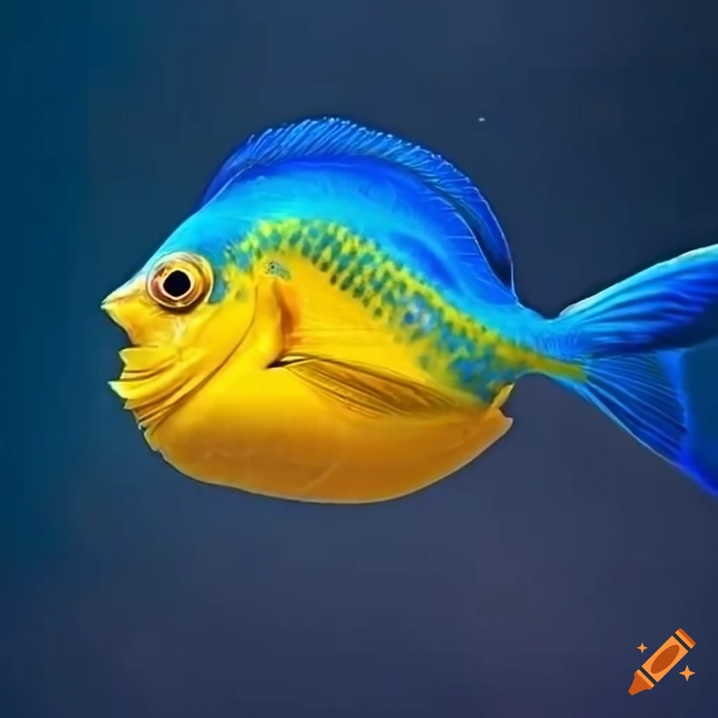 Un poisson jaune et bleu qui nage dans l'eau. autour de lui, il y a des  coquillages avec du sable en dessous de lui on Craiyon