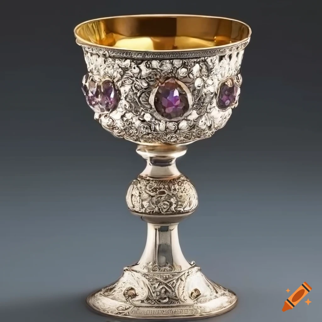 A silver chalice embossed with a swirly pattern and encrusted with ...