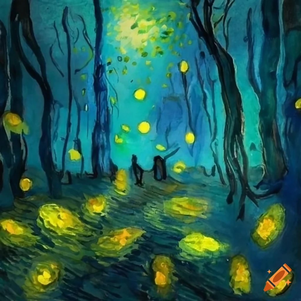 Fireflies in the forest in the style of van gogh and painted with