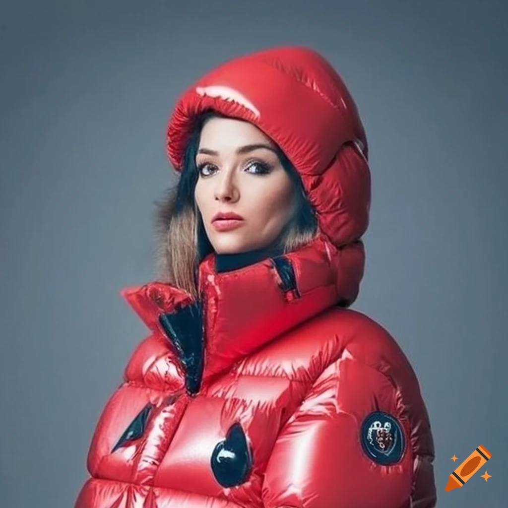 In a cold snowy day, a woman is wearing a big, shiny ,inflatable, oversized  and fat bubble hooded puffer jacket, designed by moncler and balenciaga,  her jacket collar is high an puffy