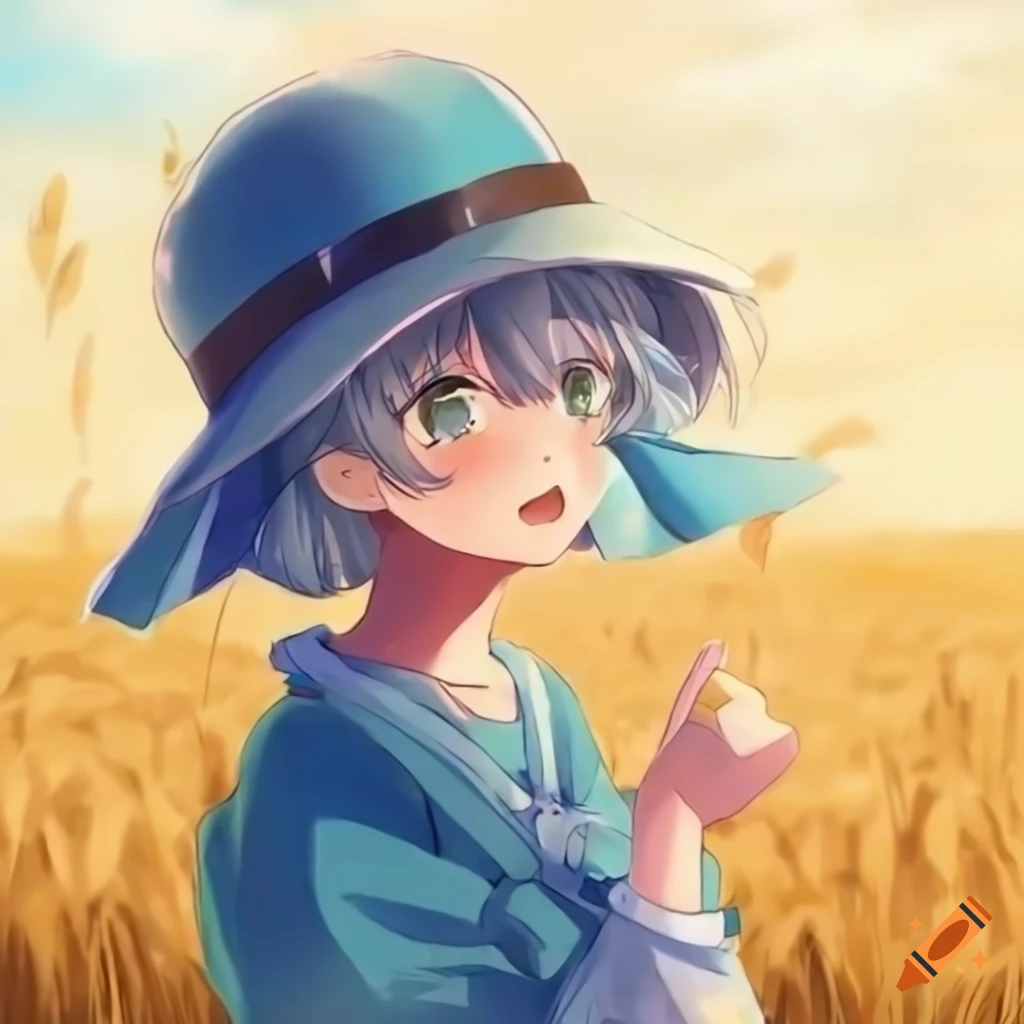 A cute anime grandma with a straw hat and blue/white cloth clothes