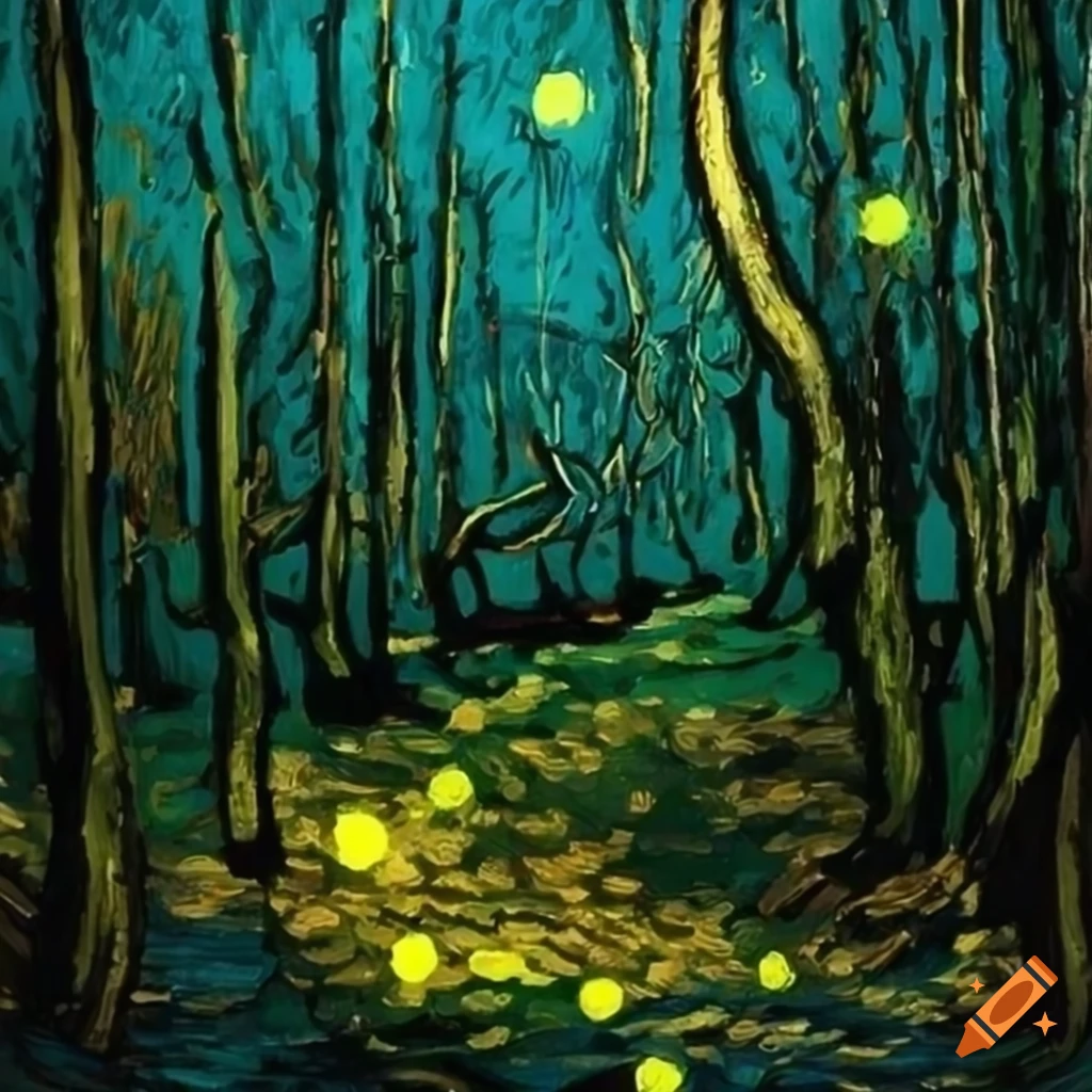 Fireflies in the forest in the style of van gogh