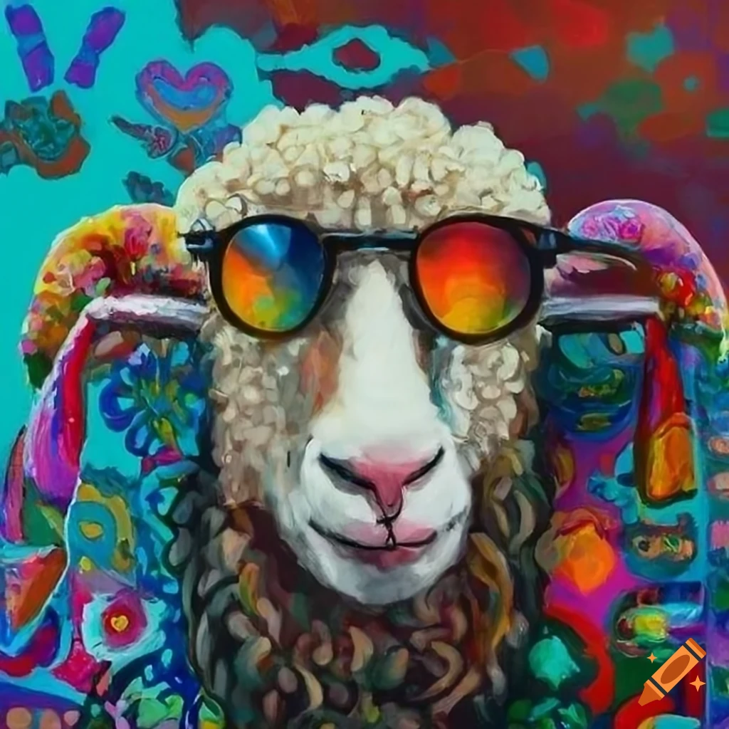 An oilpainting of a portrait of a hippie sheep with sunglasses ...