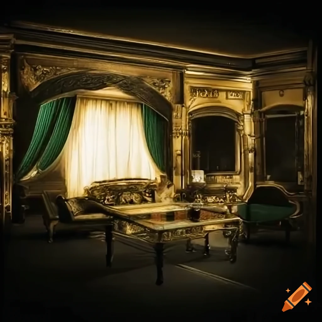 An elegant old fashioned living room with a green and gold long divan