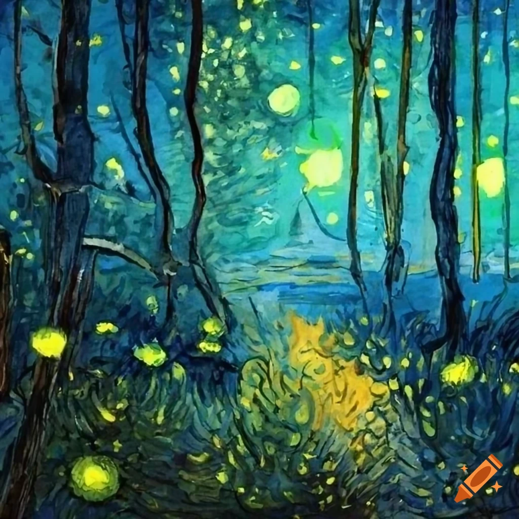 Fireflies in the forest in the style of van gogh and painted with