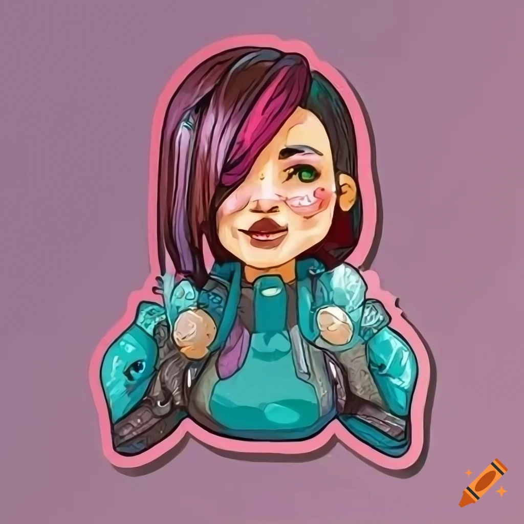 cheerful Judy Alvarez from cyberpunk 2077 as a cute cartoon-style sticker against a white background