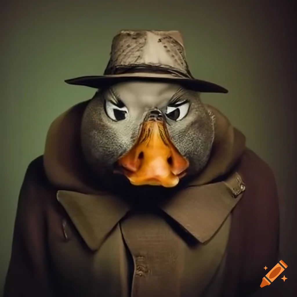 A duck in a detective outfit looking around suspiciously on Craiyon