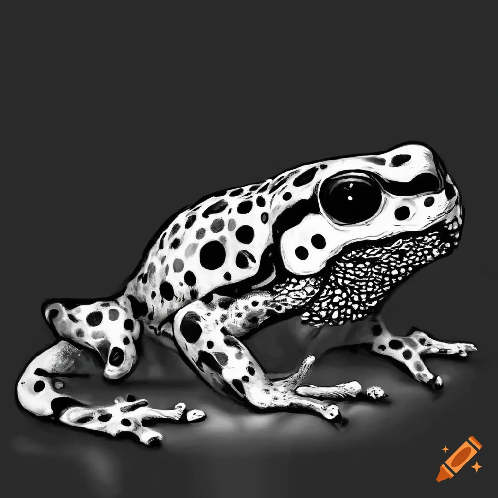Black-and-white printable poison dart frog coloring page with intricate