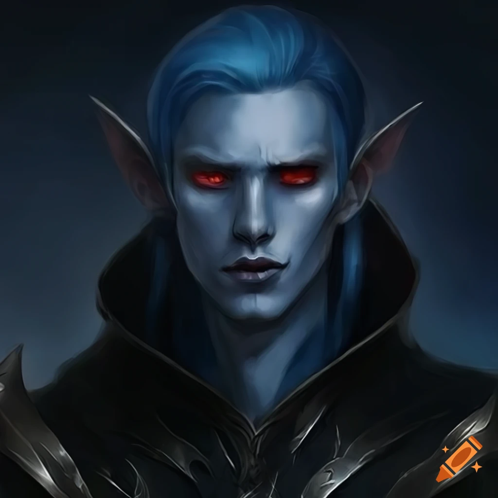 Scifi-fantasy male-elf dark-blue-hair pale-skin red-eyes